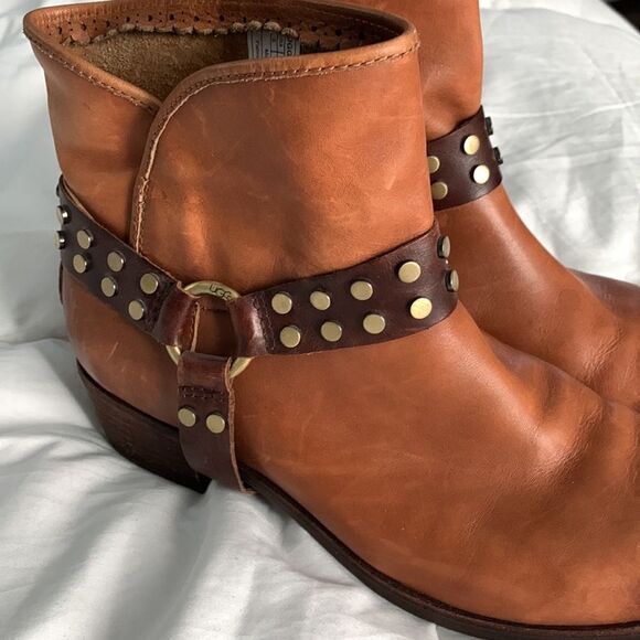 Brown Leather Ankle Boots with Studded Strap - Picture 2 of 4
